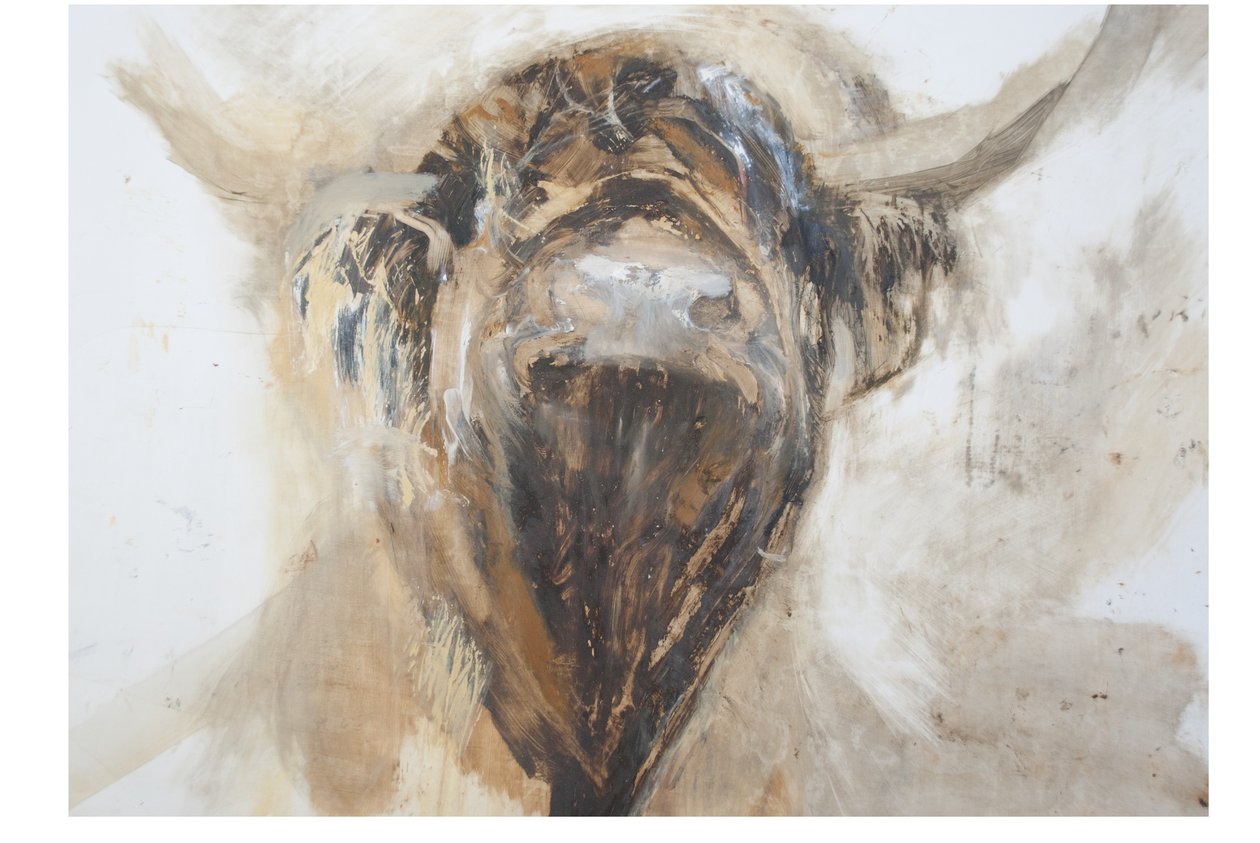 La Vache,Cow, 2015,(olje og blandede medier på gesso på papir) av Lou Gibbs