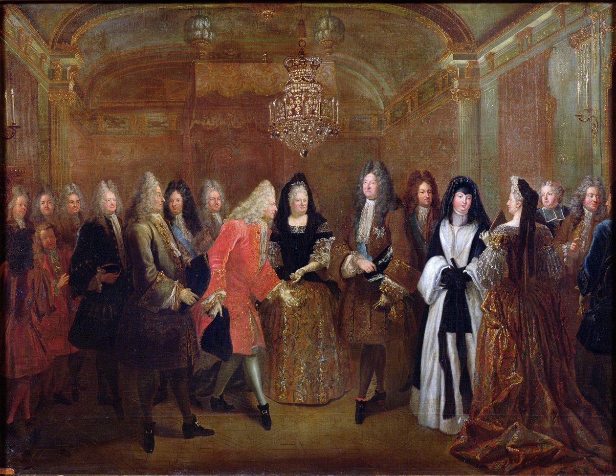 Louis XIV (1638-1715) ønsker kurfyrsten av Sachsen, Frederick Augustus II (1670-1733) velkommen til Fontainebleau, 27. september 1714, 1715 av Louis de Silvestre
