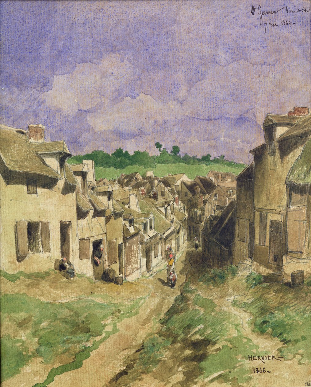 En gate i Saint-Germain, Seine-et-Oise, 1866 (penn og blekk og wc på papir) av Louis Adolphe Hervier