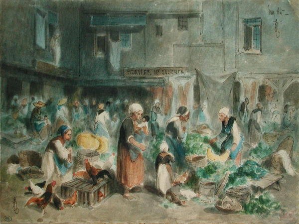 Marked på torget, 1847 (penn og blekk og wc på papir) av Louis Adolphe Hervier