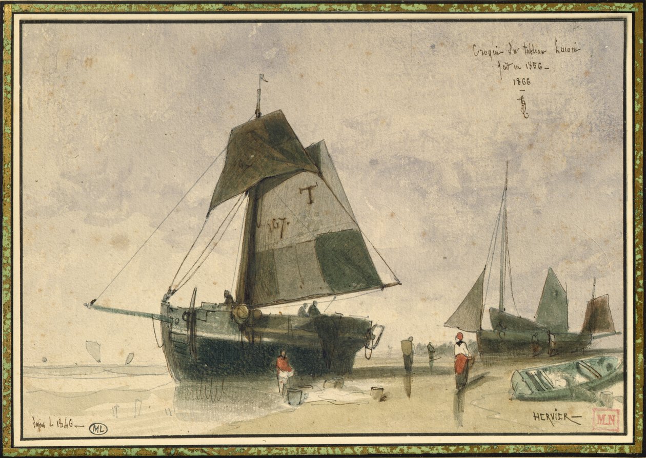 To fiskebåter, 1856 (penn og blekk og wc på papir) av Louis Adolphe Hervier