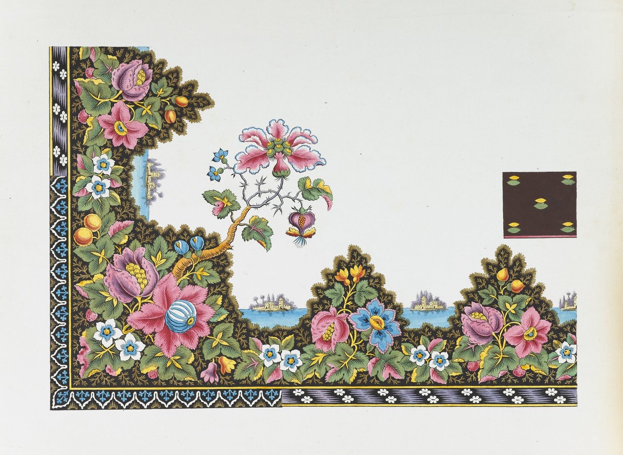 Design for et trykt tekstil- blomstergrense med øyer på en innsjø av Louis Albert DuBois