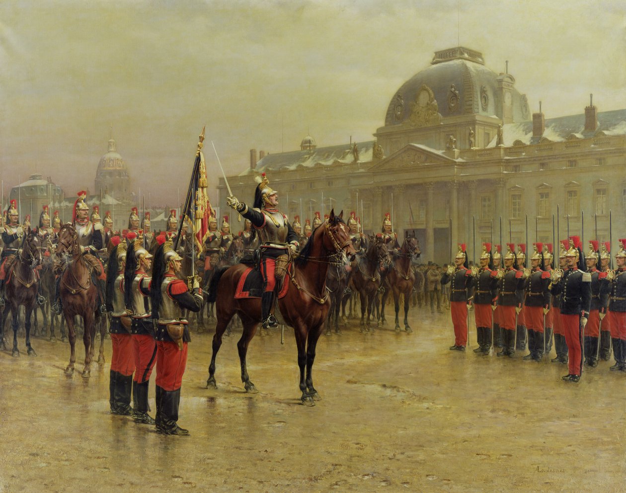 Oberst de La Rochetulon presenterte for rekruttene til det 6. kavaleri regimentets standard i januar 1887, ca. 1887 av Louis Auguste Georges Loustaunau