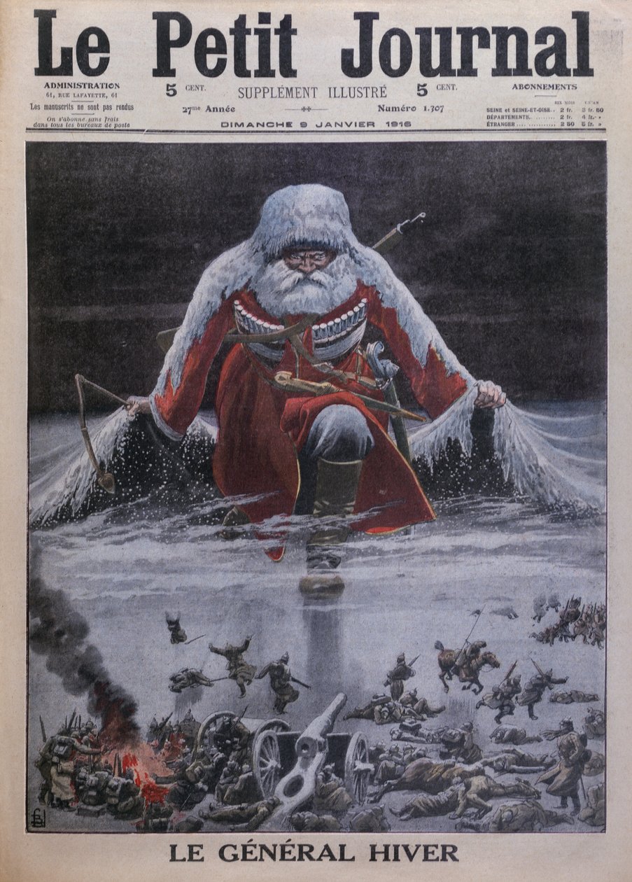 General Winter, forsideillustrasjon fra 'Le Petit Journal', tilleggsillustre, 9. januar 1916 av Louis Charles Bombled