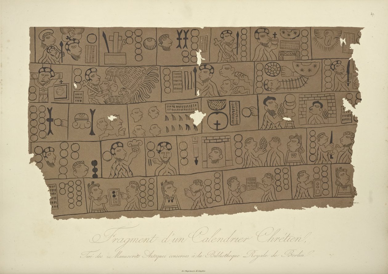 Fragment av en kristen kalender, tegnet fra et aztekisk manuskript i Berlins statsbibliotek, illustrasjon fra Views of the Cordilleras and Monuments of the Indigenous Peoples of America av Alexander von Hum av Louis Bouquet