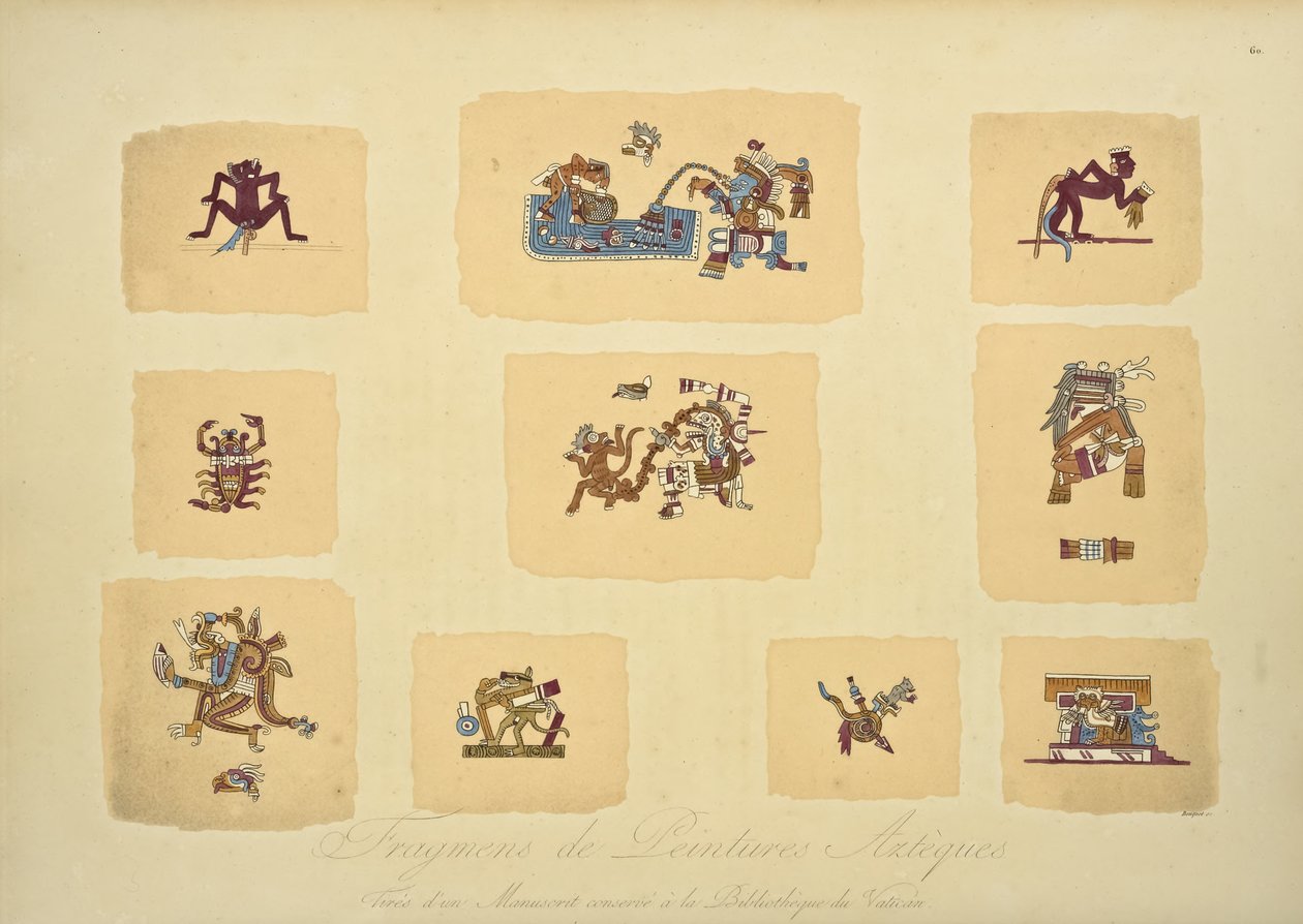 Fragmenter av aztekiske malerier, fra manuskriptet som er bevart i Vatikanets bibliotek, illustrasjon fra Views of the Cordilleras and Monuments of the Indigenous Peoples of America av Alexander von Humboldt og av Louis Bouquet