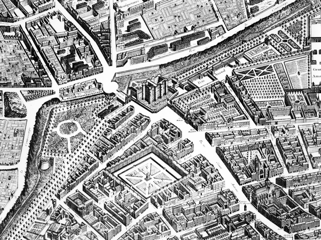Bastillen, Place Royale nå Place des Vosges og Rue Saint-Antoine, detalj fra Planen av Paris, kjent som Plan de Turgot, gravert av Claude Lucas, 1734-39 graveringsdetalj av 233535 av Louis Bretez