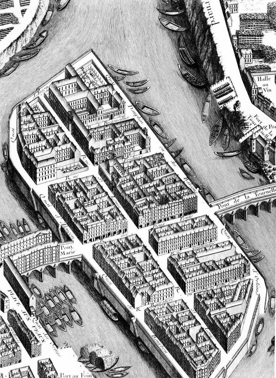 Ile St. Louis, detalj fra Planen av Paris, kjent som Plan de Turgot, gravert av Claude Lucas, 1734-39 graveringsdetalj av 233535 av Louis Bretez