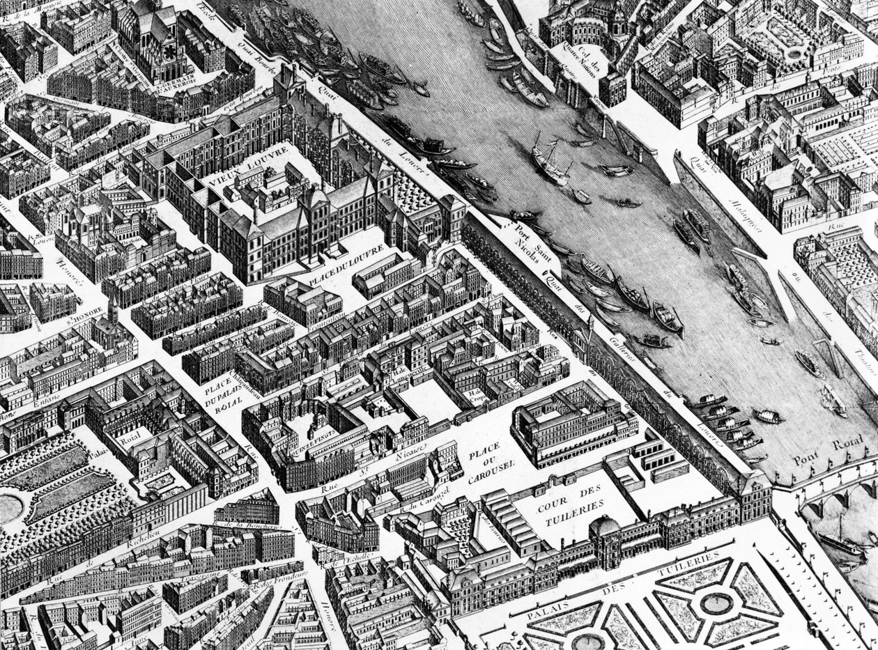 Det gamle Louvre, Palais Royal og Tuileriene, detalj fra Planen av Paris, kjent som Plan de Turgot, gravert av Claude Lucas, 1734-39 graveringsdetalj av 233535 av Louis Bretez