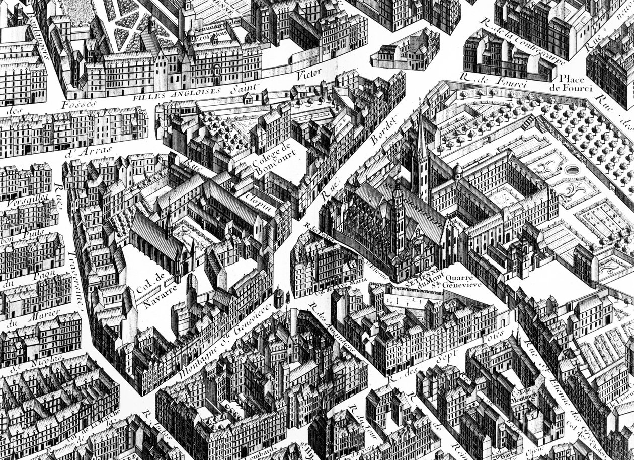 Sainte-Geneviève-området, Paris, detalj fra Planen av Paris, kjent som Plan de Turgot, gravert av Claude Lucas, 1734-39 graveringsdetalj av 233535 av Louis Bretez
