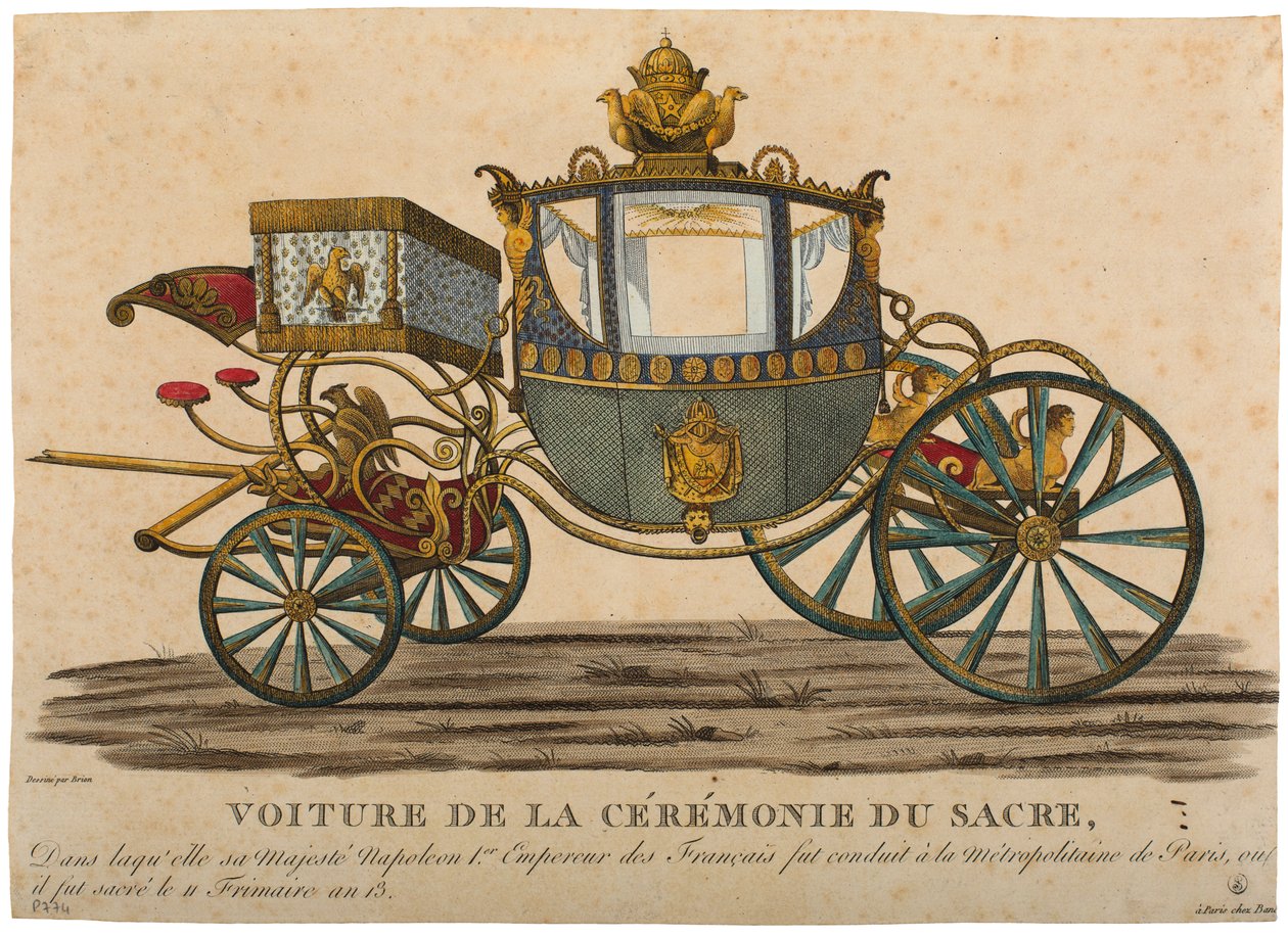 Vogn for kroningen av keiser Napoleon I, som fant sted den 11. Frimaire, år XIII farget gravering av Louis Brion de la Tour fils