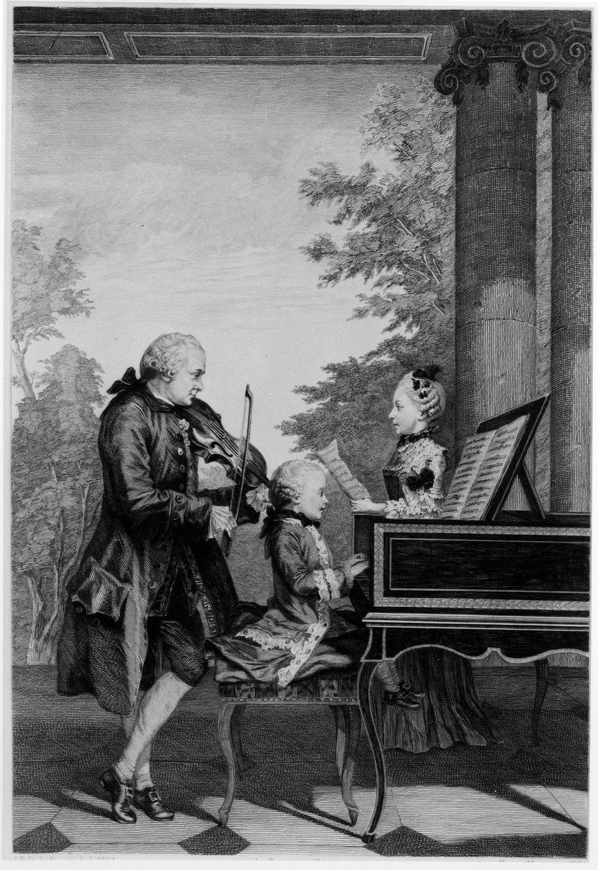 Leopold Mozart (1719-87) og hans to barn, Wolfgang Amadeus (1756-91) og Maria-Anna (Nannerl) (1751-1829) av Louis Carrogis dit Carmontelle