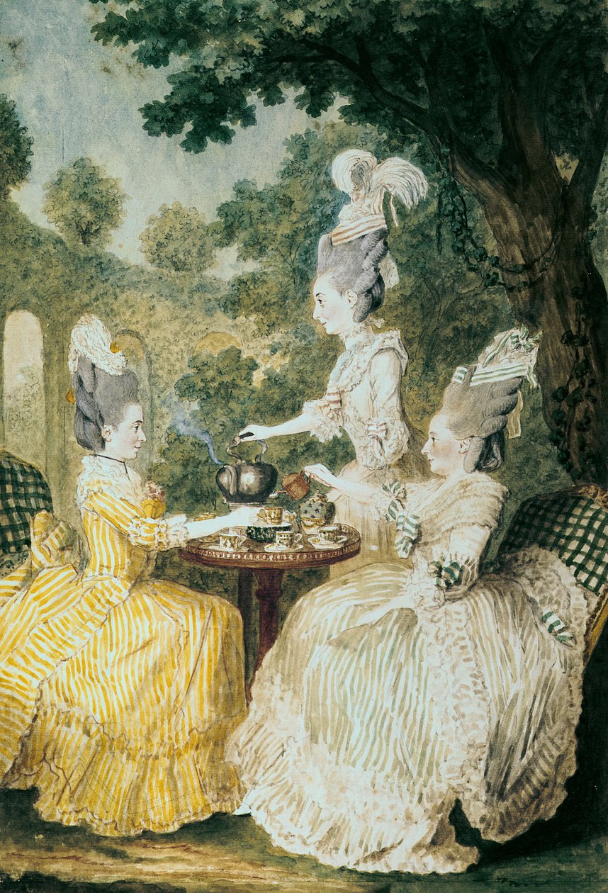 La Marquise de Montesson, La Marquise de Crest og la Comtesse de Damas drikker te (akvarell på papir) av Louis Carrogis dit Carmontelle