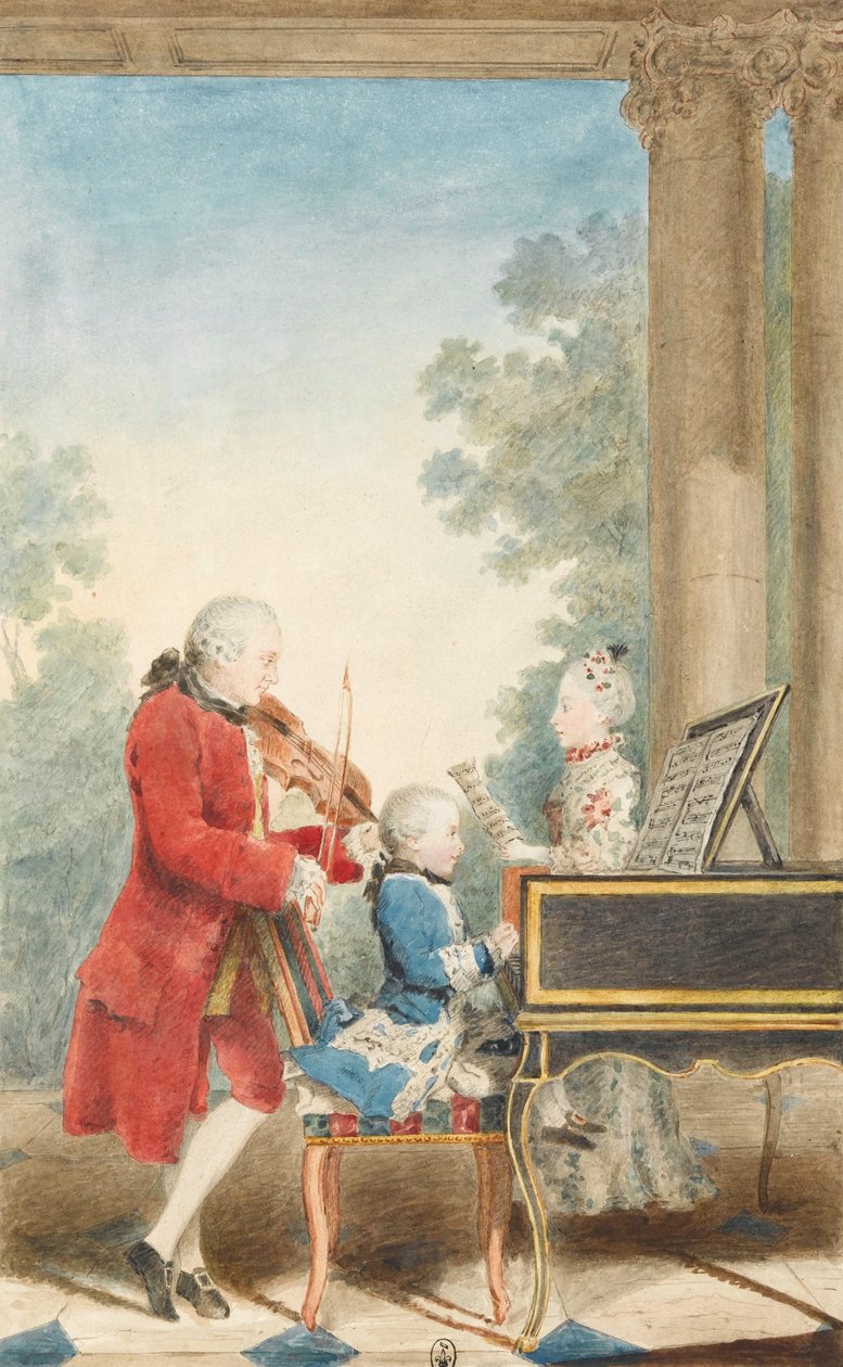 Portrett av Wolfgang Amadeus Mozart (Salzburg, 1756-Wien, 1791) som leker i Paris med sin far Jean ... av Louis Carrogis dit Carmontelle