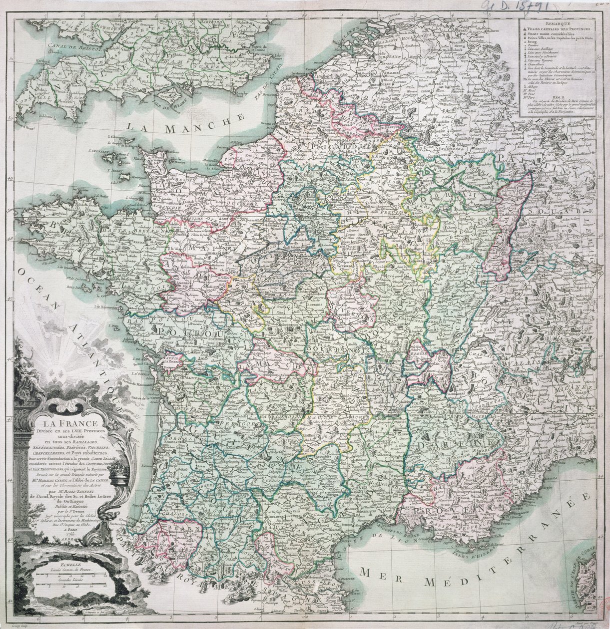Kart over Frankrike delt inn i 58 provinser, 1765 av Louis Charles Desnos