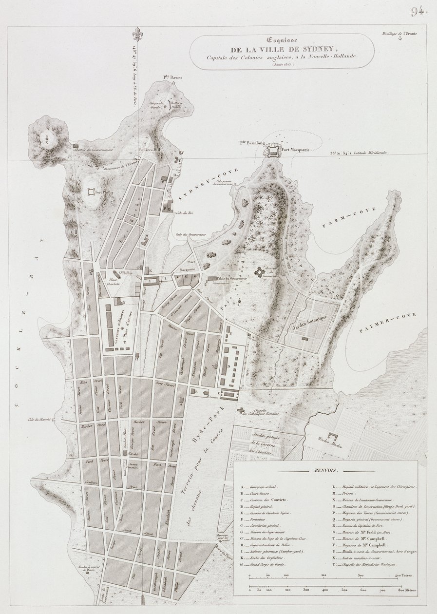 Plan for byen Sydney, fra Voyage Autour du Monde (1817-20), publisert 1822-24 av Louis Claude Desaulses de Freycinet