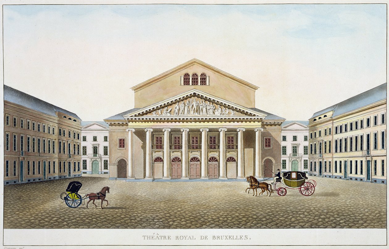 Theatre Royal, Brussel, fra utvalg av de mest fremragende monumentene, bygningene og husene i kongeriket Nederland av Pierre Jacques Goetghebuer, gravert av forfatteren, utgitt 1827 (akvatint) (s av Louis Damesme