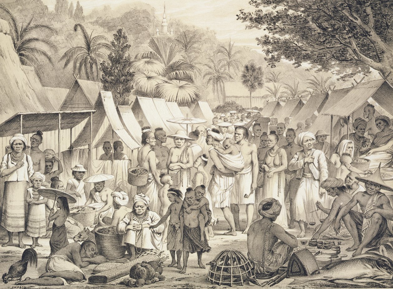 Marked i Luang Prabang, Laos, illustrasjon fra 'Atlas du Voyage d'Exploration de Indo-Chine' av Doudart de Lagree (1823-68) 1873 av Louis Delaporte