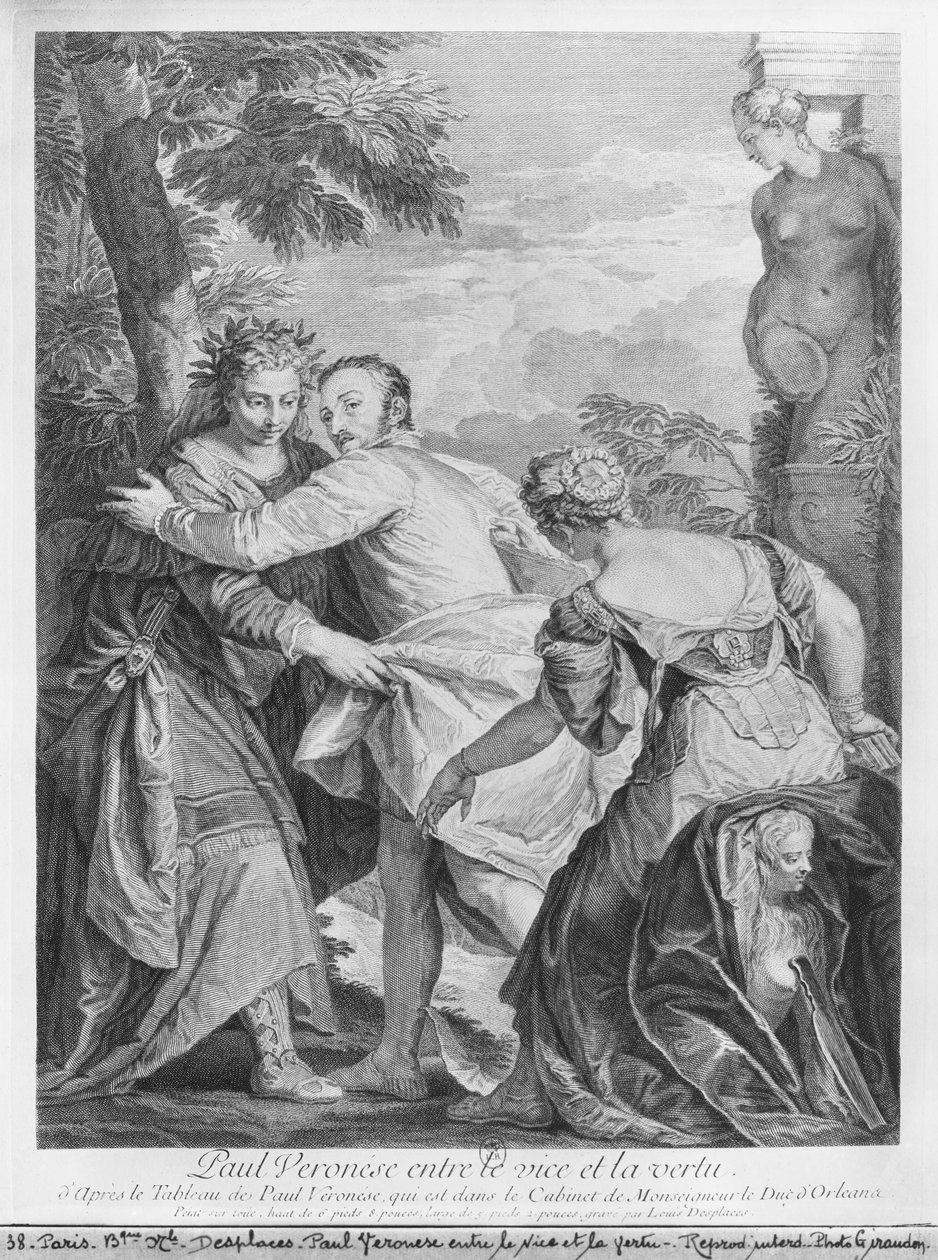 Veronese (Paolo Caliari) mellom vise og dyd, fra kunstnerens maleri som ligger i Cabinet de Monseigneur le Duc d