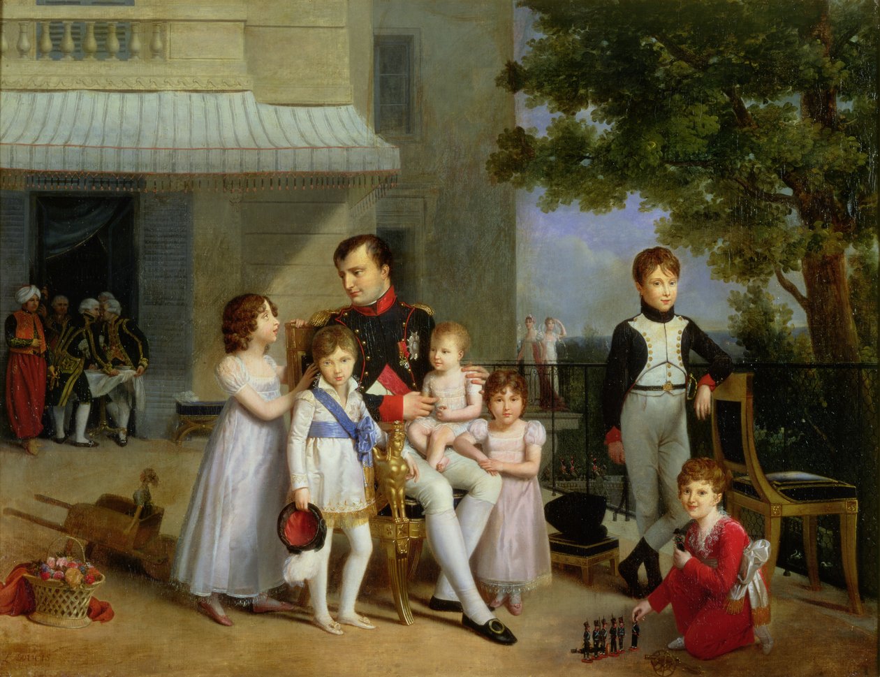 Portrett av Napoleon Bonaparte (1769-1821) med hans nevøer og nieser på terrassen ved Saint-Cloud, 1810 av Louis Ducis