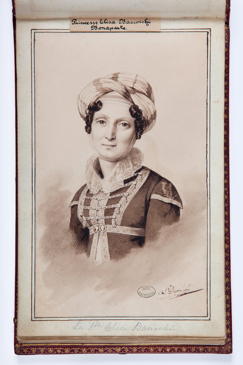Portrett av Elisa Bonaparte, prinsesse Baciocchi, illustrasjon fra det lille albumet til Elisa Bonaparte, ca. 1820 (penn og blekkvask på papir) av Louis Dupré