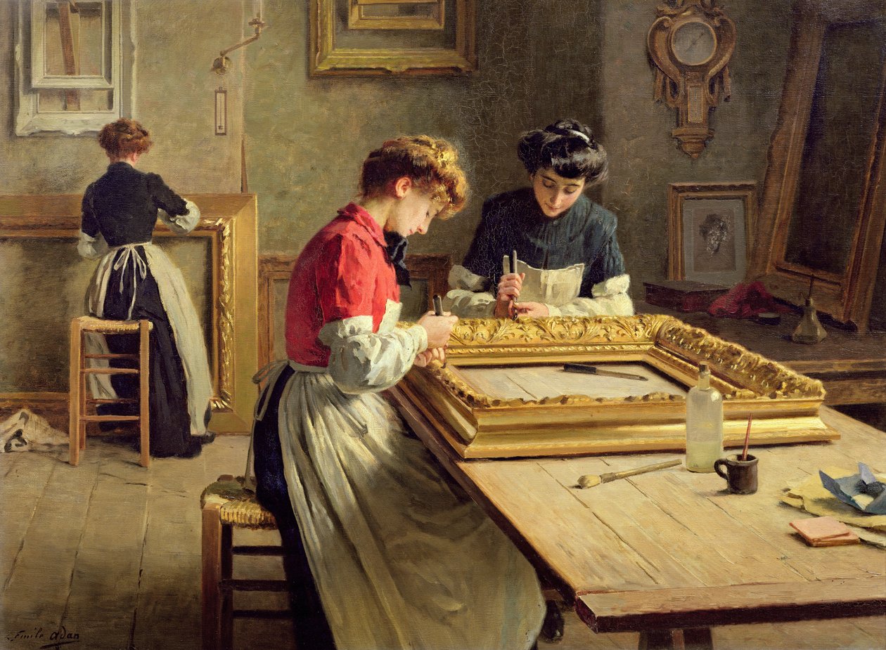Interiør i et rammeforgyllingsverksted av Louis Emile Adan