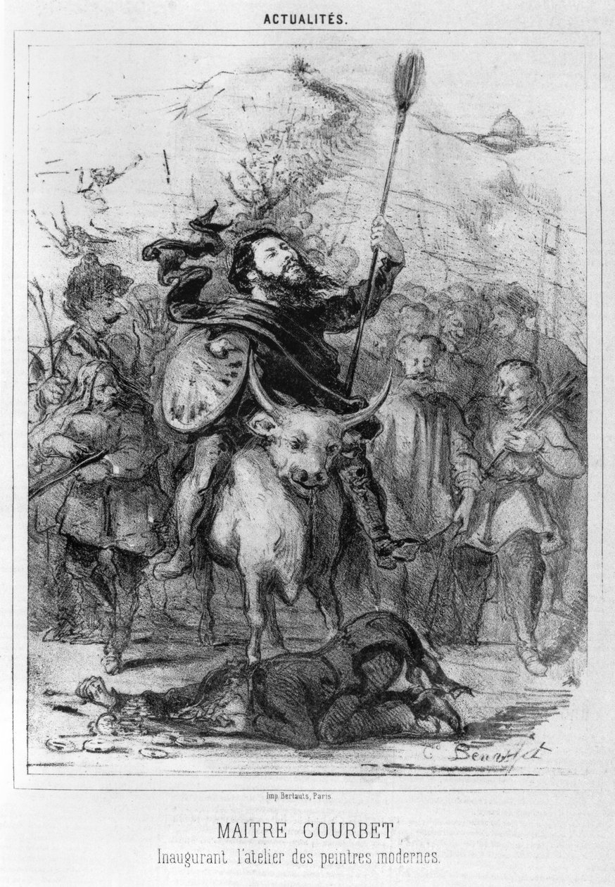 Maitre Courbet innvier verkstedet til moderne malere, karikatur fra Le Boulevard, 1862 (bw-foto) av Louis Emile Benassit