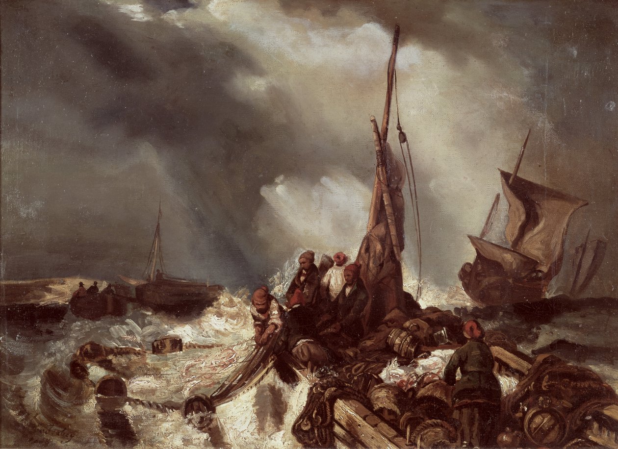 En fisker som trekker i et nett, 1868 av Eugene Isabey