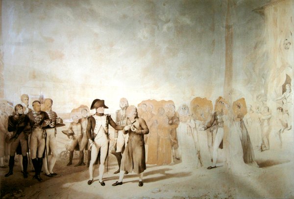 Napoleon besøker fabrikken i Jouy-en-Josas, 20. juni 1806 (penn og sepiablekk på papir) av Eugene Isabey