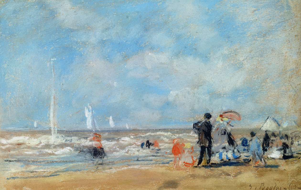 On the Beach, 1863 (wc og pastell på papir) av Eugene Louis Boudin