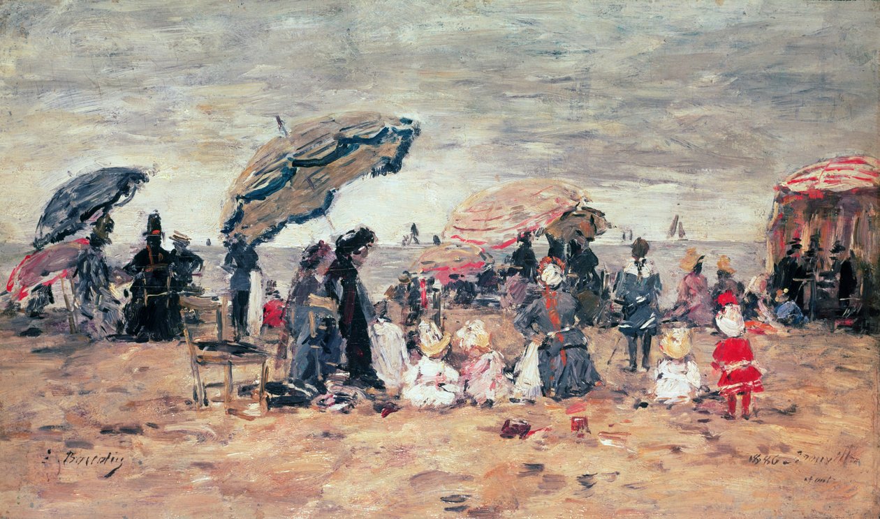 Parasoller på stranden, Trouville, 1886 (panel) av Eugene Louis Boudin
