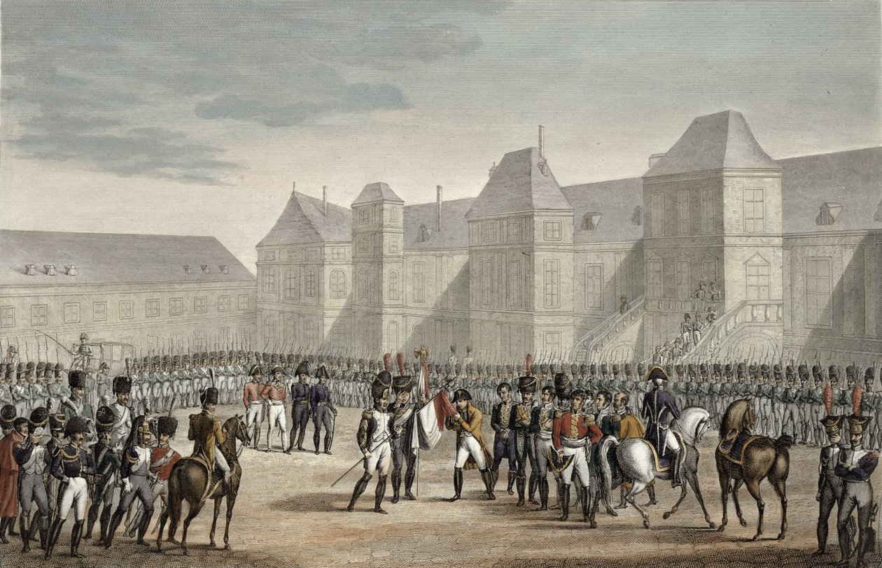 Abdikasjonen av Napoleon og hans avgang fra Fontainebleau til øya Elba, 20. april 1814, gravert av Francois Pigeot (f.1775) (akvatint) av Louis Francois Couche