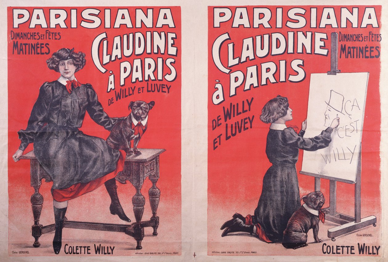 Plakater som reklamerer for forestillinger til Claudine à Paris på Théatre Parisiana, ca. 1906-7 av Louis Galice
