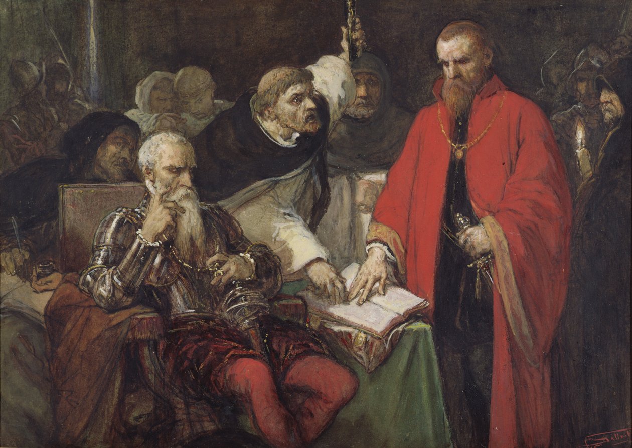 The Oath of Vargas (wc og gouache på papir) av Louis Gallait