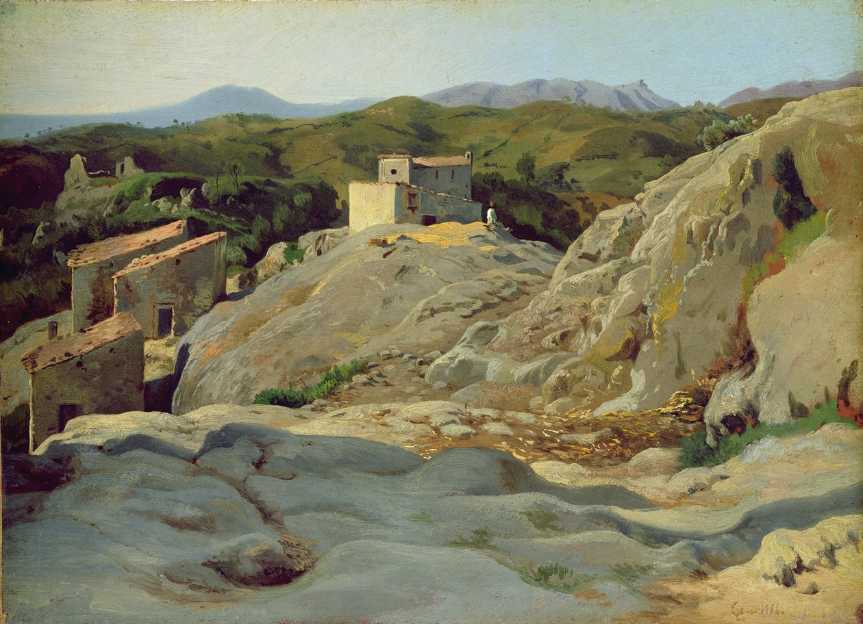 A Village in the Mountains (olje på papir på lerret) av Louis Gurlitt