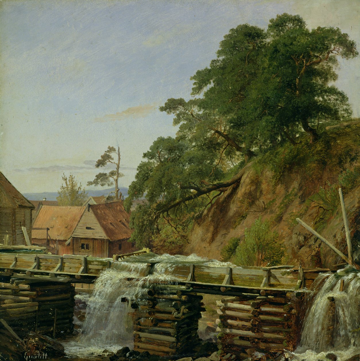 En vannmølle i Christiania, ca. 1834 (olje på papir på papp) av Louis Gurlitt