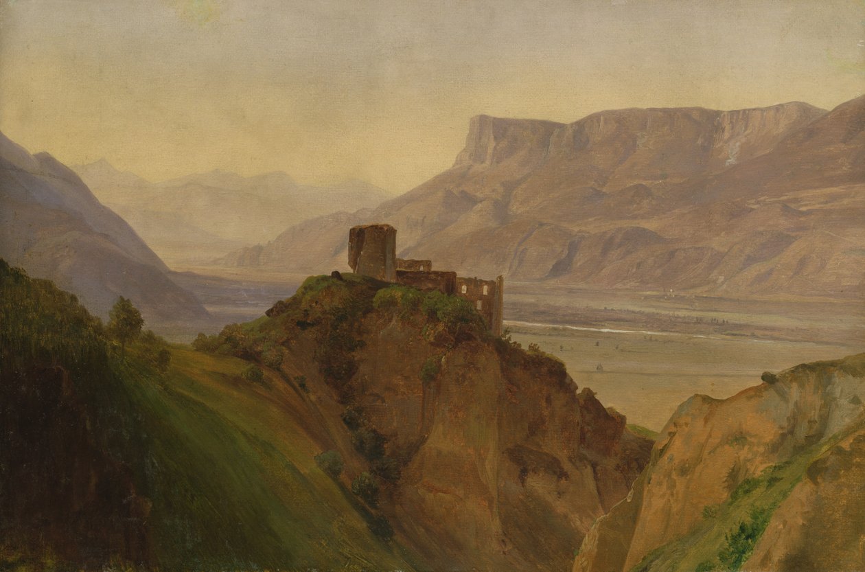 Die Ruine Brunnenburg mit dem Etschtal, 1838 (olje på papir på tre) av Louis Gurlitt