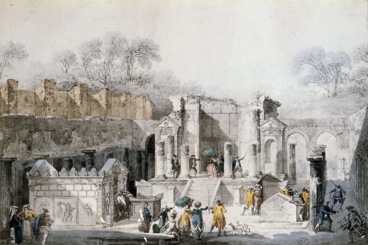 Turister ved Isis-tempelet i ruinene av Pompeii, 1779 (fargegravering) av Louis Jean Desprez