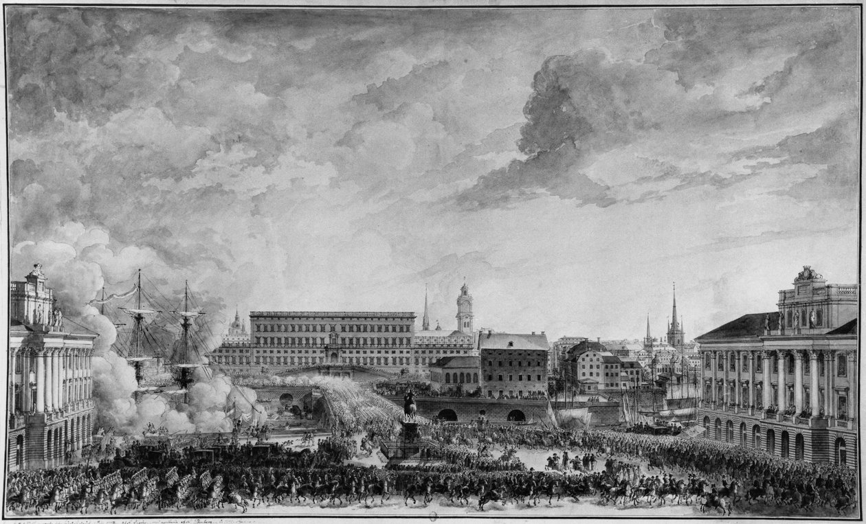 Utsikt over Stockholm, sent på 1700-tallet (penn og vask på papir) av Louis Jean Desprez