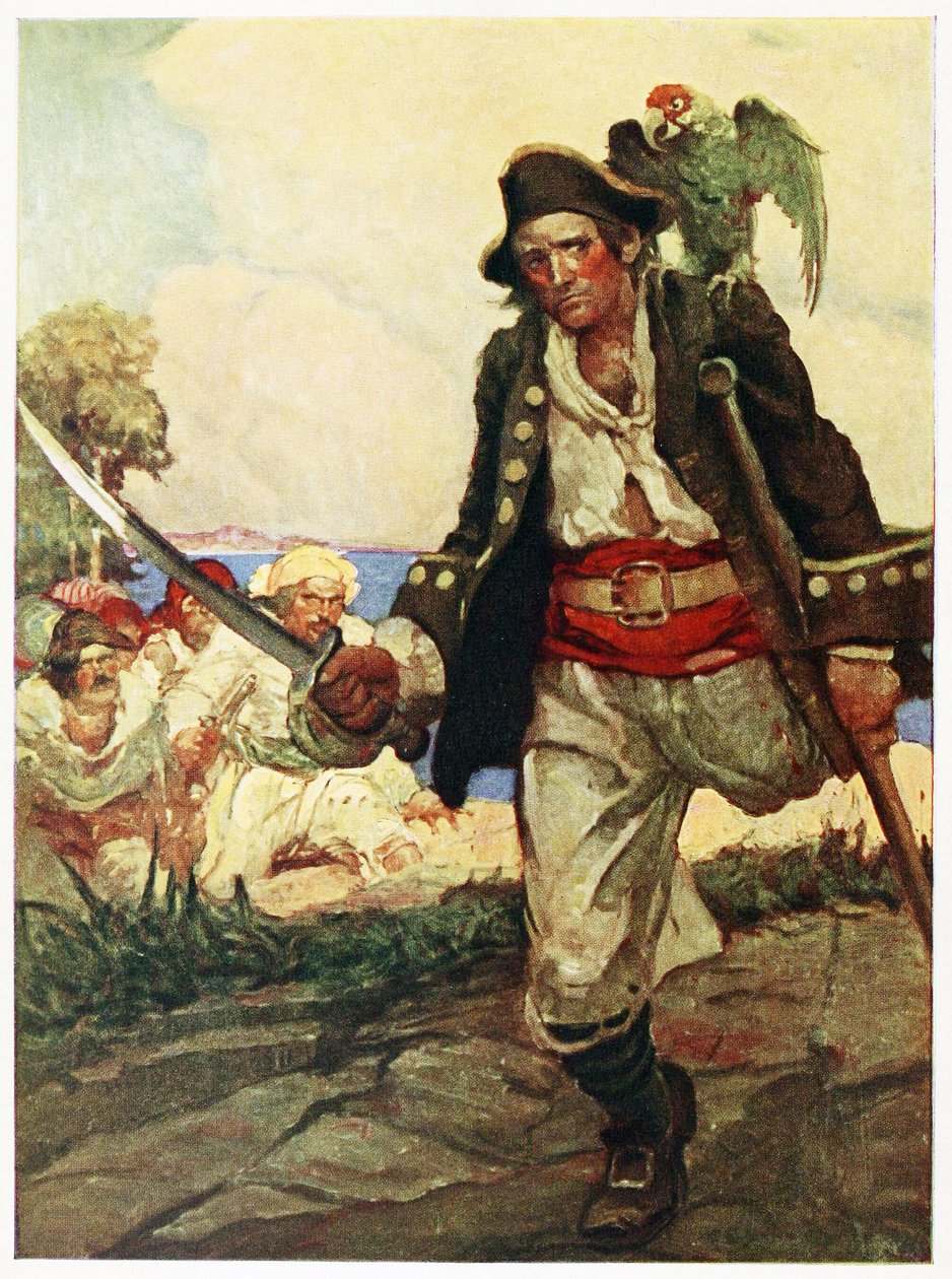 Frontispice fra puben Treasure Island. 1915 (fargelitoraf) av Louis John Rhead