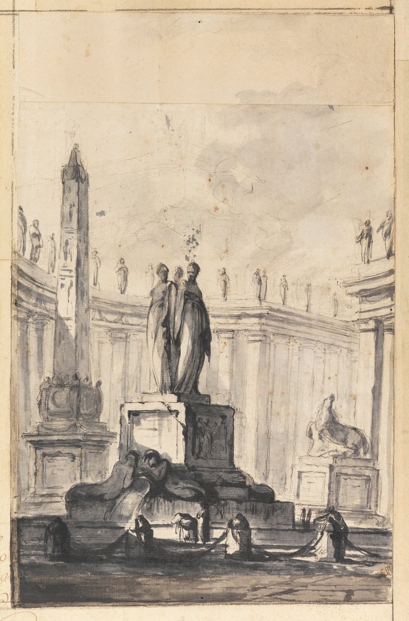 Arkitektonisk fantasi med fontene og obelisk av Louis Joseph Le Lorrain