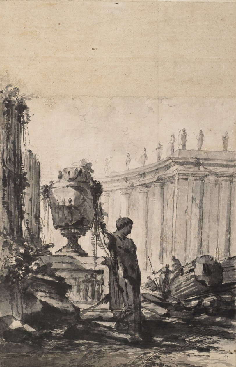 Arkitektonisk fantasi med Vase, Herm og Colonnade av Louis Joseph Le Lorrain