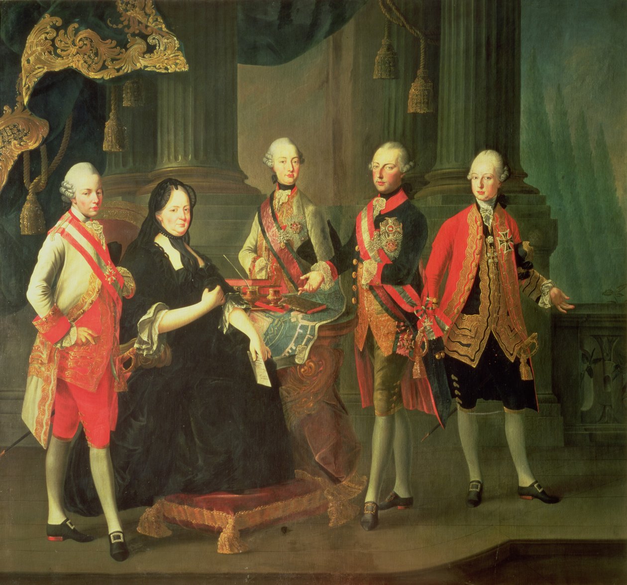 Keiserinne Maria Theresia av Østerrike (1717-80) med fire av hennes sønner; (LtoR) Joseph (1741-90), Ferdinand (1754-1806), Leopold (1747-92) og Maximilian (1756-1801) av Louis Joseph Maurice