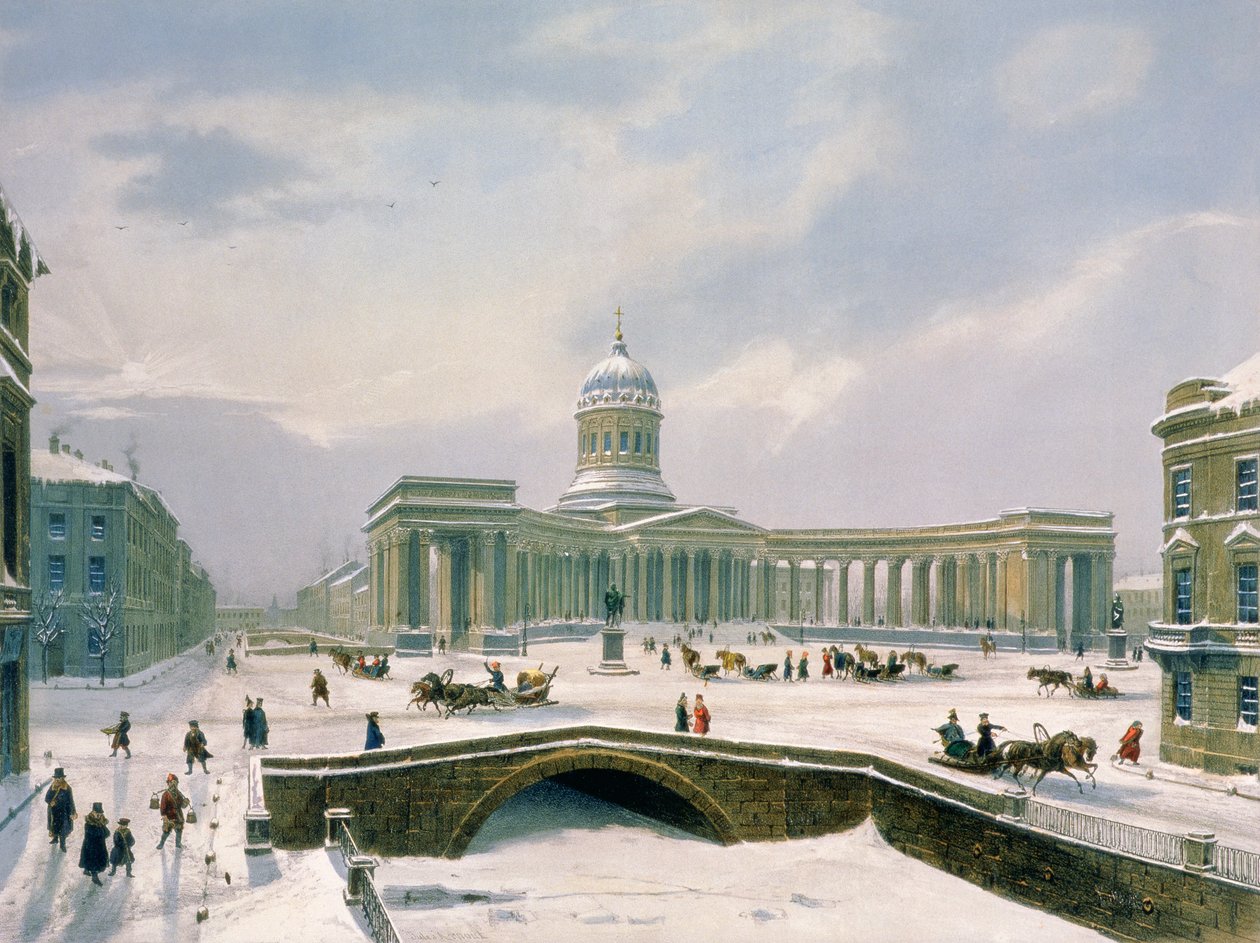 Kazan-katedralen, St. Petersburg, trykt av Lemercier, Paris, 1840-årene (litho-farge) av Louis Jules Arnout