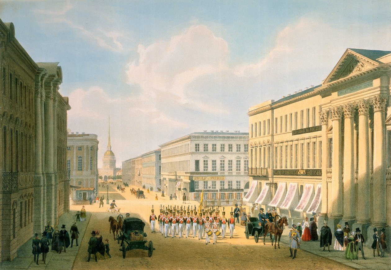 Politibroen og Nevsky avenue i St. Petersburg, trykt av Lemercier, Paris, 1840-tallet av Louis Jules Arnout