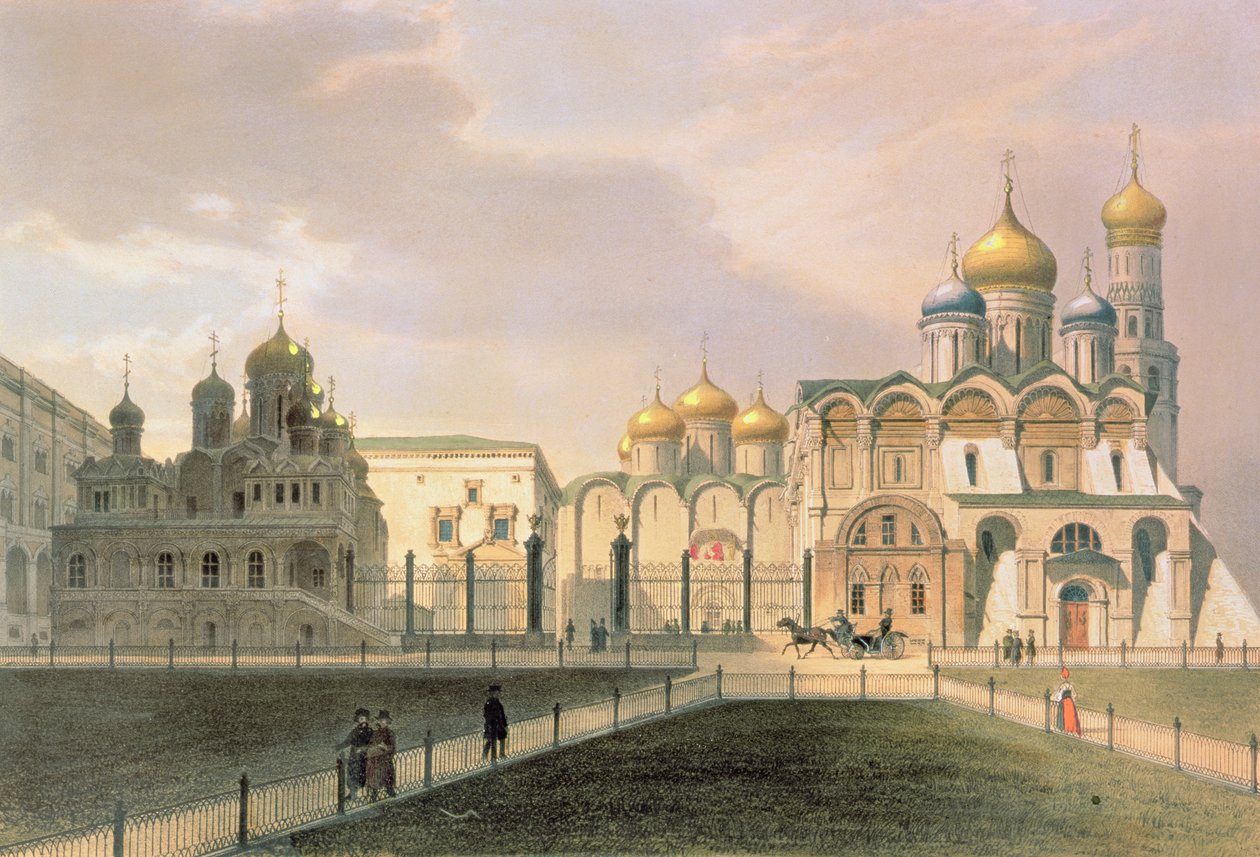 Utsikt over katedralene i Kreml i Moskva, trykt av Lemercier, Paris, 1840-tallet av Louis Jules Arnout
