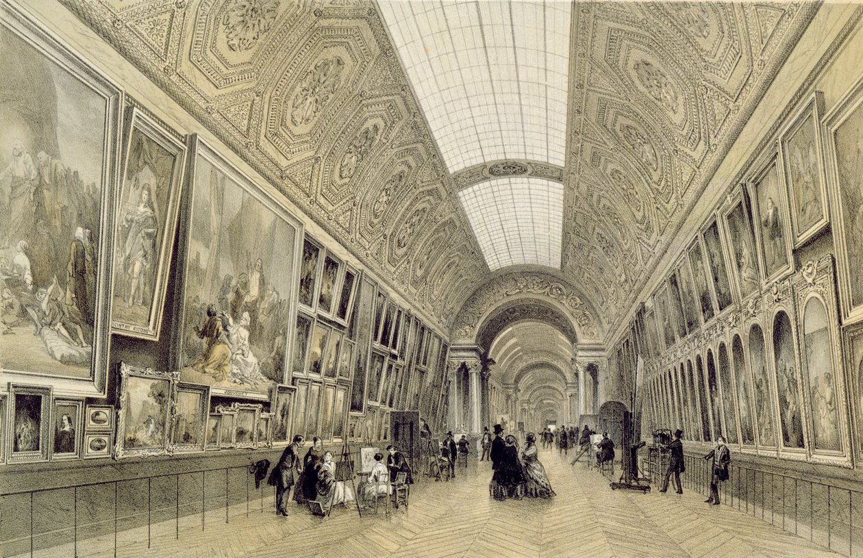 Utsikt over det store galleriet ved Louvre, ca. 1850-70 av Louis Jules Arnout
