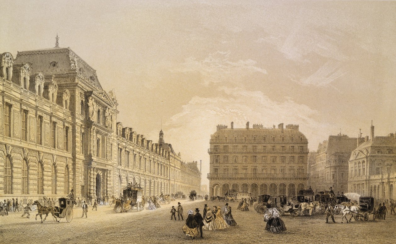 Utsikt over fasaden til Louvre, Rue de Rivoli og Palais Royal, 1855 av Louis Jules Arnout