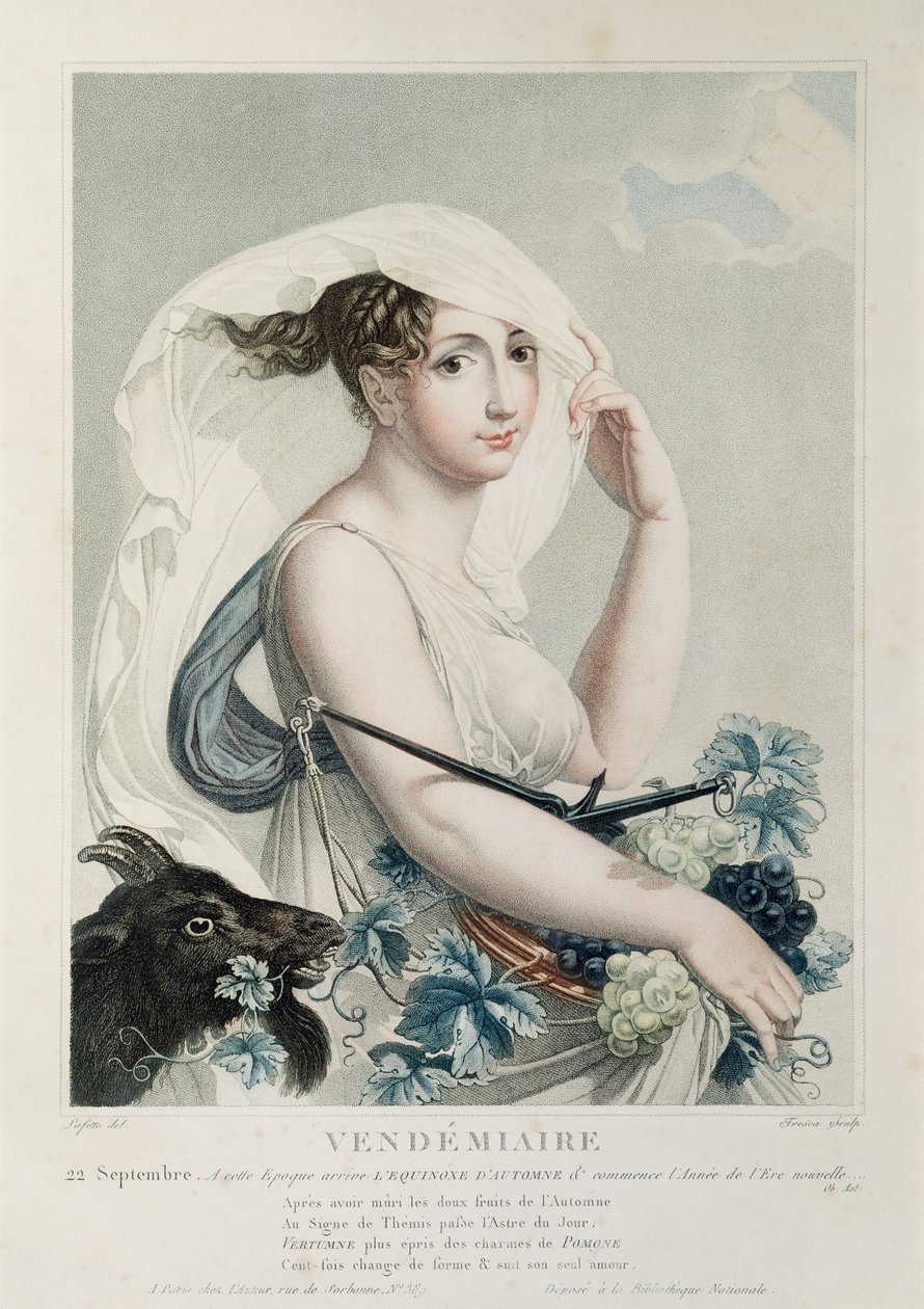Vendemiaire (september oktober), første måned av den republikanske kalenderen, gravert av Tresca, ca. 1794 av Louis Lafitte