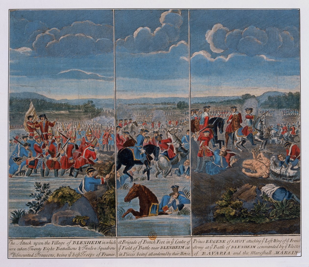 Tre paneler som viser slaget ved Blenheim, ca. 1765 av Louis Laguerre